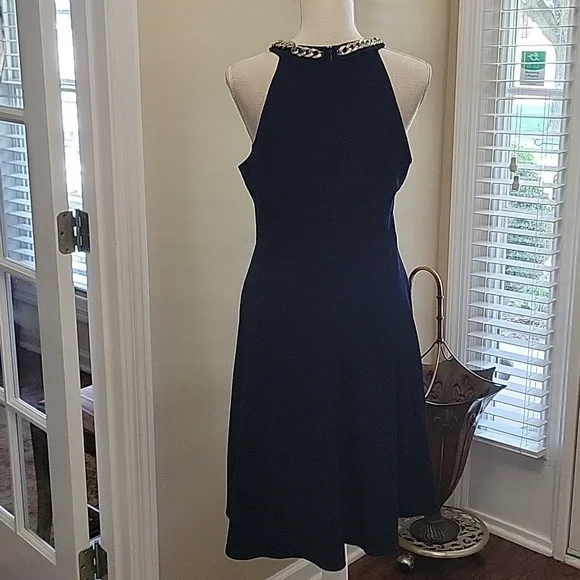 London Times navy blue sleeveless fit&flare dress silver metal neckchain 10 …EUC - Picture 5 of 7